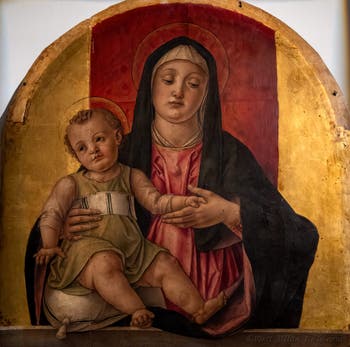 Bartolomeo Vivarini, Polyptych of Saint Christopher, Madonna with the Infant Jesus, Saint Bernard, Saint Bernardino of Siena, Saint Sebastian, Saint Christopher and Saint Roch, Ambrosiana Gallery Pinacoteca Library in Milan in Italy