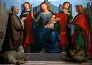 Bartolomeo Suardi called Bramantino, Madonna of the Towers - Madonna in Throne with the Child between Saint Ambrose and Saint Michael, at the Ambrosiana Gallery Pinacoteca in Milan Italy
