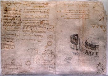 Leonardo da Vinci, Architecture and geometry studies, including an arena and the central plan of a church, Codex Atlanticus, at Ambrosiana Gallery in Milan in Italy