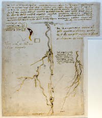 Leonardo da Vinci, Drawings for the canal of La Soudre in Cher et Loire with notes by Francesco Melzi, Codex Atlanticus, at Ambrosiana Gallery in Milan in Italy