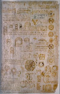 Leonardo da Vinci, Sketch for the construction of a French house and lunes, Codex Atlanticus, at Ambrosiana Gallery in Milan in Italy