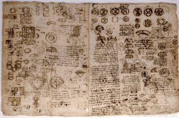 Leonardo da Vinci, Lunes and architectural sketches as well as a roaring lion's head, Codex Atlanticus, at Ambrosiana Gallery in Milan in Italy