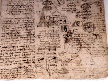 Leonardo da Vinci, Lunes and architectural sketches as well as a roaring lion's head, Codex Atlanticus, at Ambrosiana Gallery in Milan in Italy