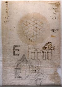 Leonardo da Vinci, Medici ring and architectural drawings, Codex Atlanticus, at Ambrosiana Gallery in Milan in Italy