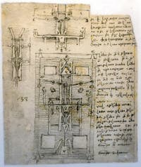 Leonardo da Vinci, Drawings and notes for the construction of a bellow for water pressure, Codex Atlanticus, at Ambrosiana Gallery in Milan in Italy
