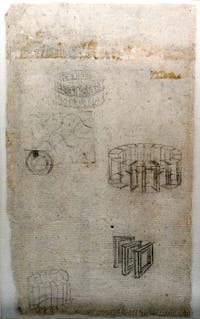 Leonardo da Vinci, Hydraulic Wheel and Structural Elements, Study for an Arena, Codex Atlanticus, at Ambrosiana Gallery in Milan in Italy