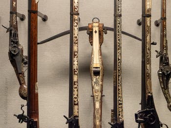 Weapons Room with Armours, Muskets, Swords, Halberds and Helmets at Poldi Pezzoli Museum in Milan in Italy