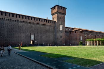 The Weapons's Square and the Bona di Savoia Tower of the Castello Sforzesco in Milan in Italy