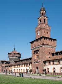 The Weapons's Square and the Filarete Clock Tower of Castello Sforzesco in Milan in Italy
